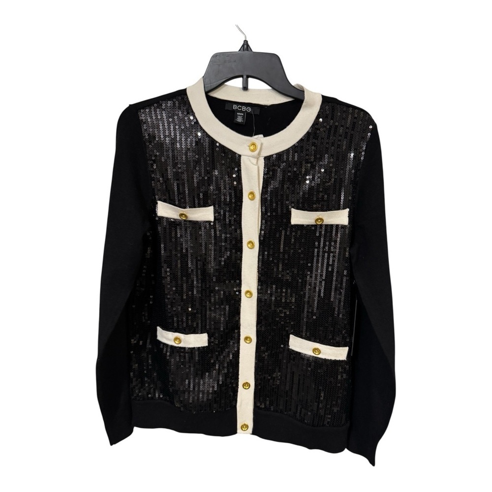 BCBGMAXAZRIA NWT Black Sequin Cardigan Jacket Cream Trim Gold Buttons M - Picture 5 of 11